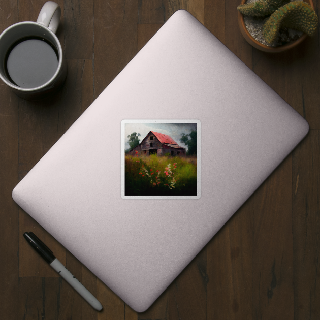 Vintage Old Barn in a field of wildflowers Painting by Danielleroyer